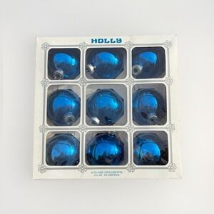 Vintage Holly Glass Christmas Ornaments Blue 9 In Box W/ Box Mcm Kitschy USA